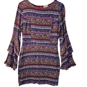 Altar'd State Burgundy Floral Paisley Dress Bell Sleeves Large Boho Career Retro